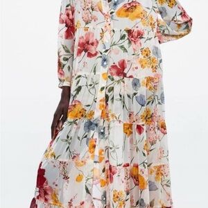 Zara Floral Long Sleeve Dress in Red and Yellow